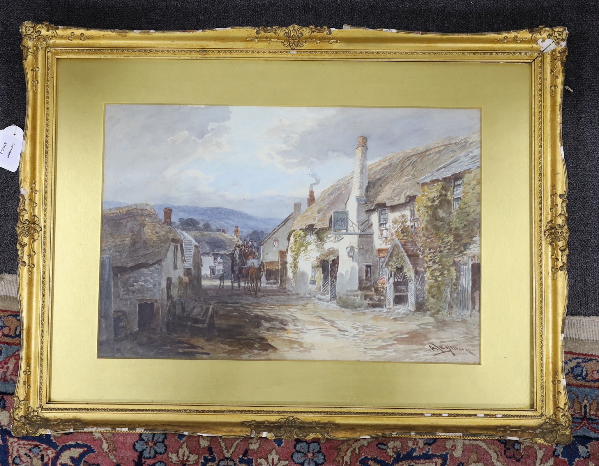 Alfred Leyman (1856-1933), watercolour, Mail coach approaching a village inn, 36 x 54cm